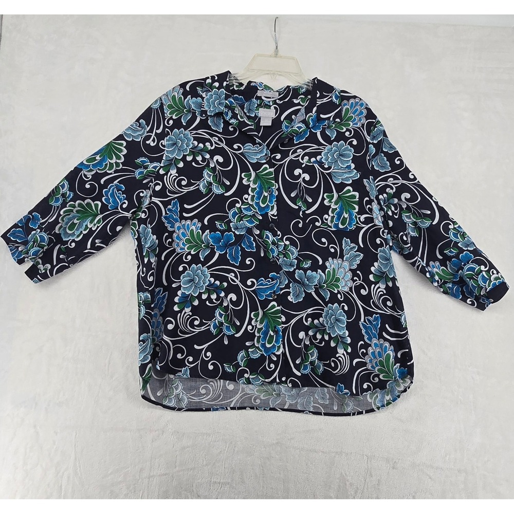 Chico's Linen Shirt Womens 3P‎ Button Up Navy Blue Floral No-Iron FreshChic